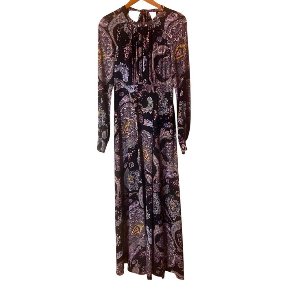 Vintage Express Long Sleeve Keyhole Tie & Open Back Paisley Print Maxi Dress